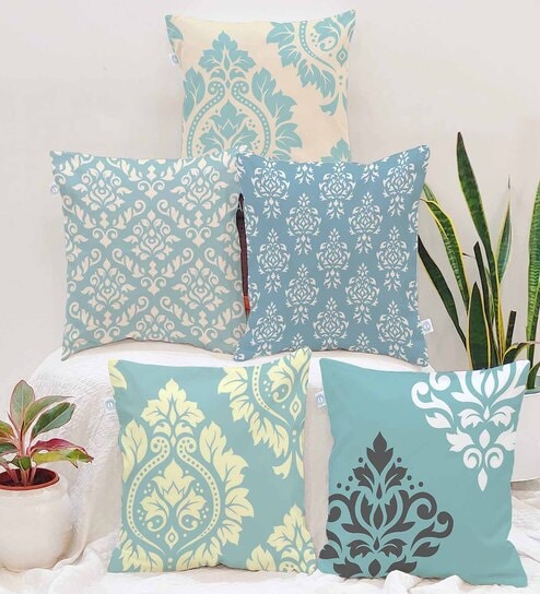 Teal Cotton Ethnic motif 16x16 inches Cushion Covers (Pack of 5)