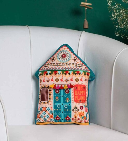 Teal Cotton My Happy Place Filled With Cotton Decorative Cushion by Chumbak