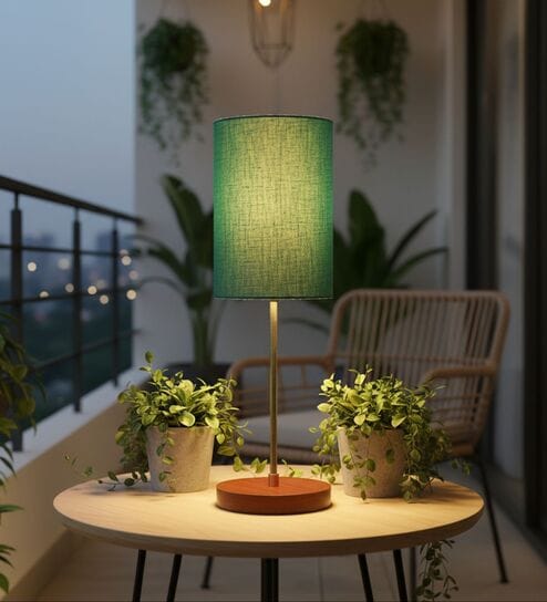 Teal Cylinder Fabric Shade Table Lamp, Brown Wooden Base Bedside & Desk Light for Bedroom, Living Room & Home Decor