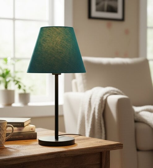 Teal Fabric Shade Table Lamp, Modern Bedside & Desk Lamp with Metal Base for Bedroom, Living Room & Home Decor