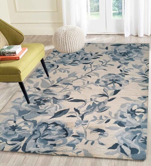 Teal Floral Wool 4 ft x 6 ft Hand Tufted Carpet