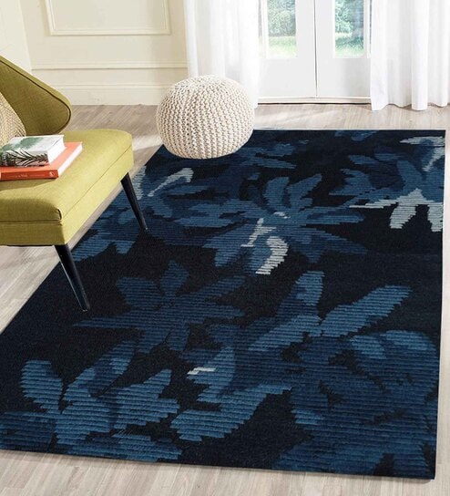 Teal Floral Wool 5 ft x 7 ft Hand Tufted Carpet