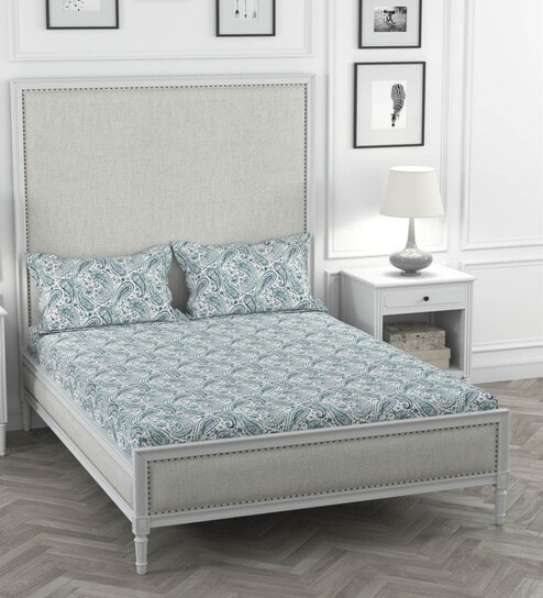 Teal Geometric 200 TC 100% Cotton Double Bedsheet With 2 Pillow Covers Solana Collection By Rosarahome