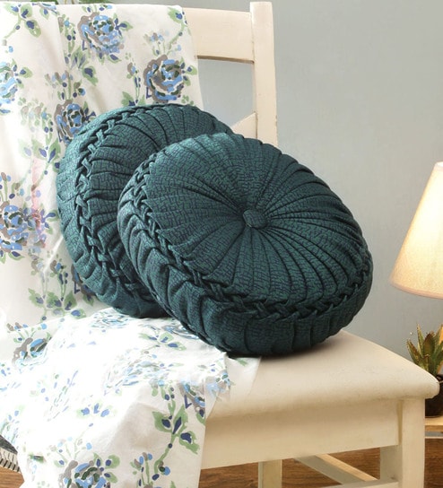 Teal Green Polyester Round Shaped Cushion