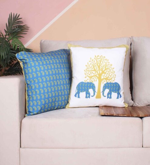 Teal Polycotton Floral 24x24 inches Cushion Covers (Pack of 2)