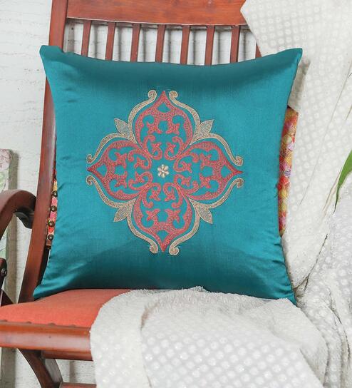 Teal Polyester  Traditional 16x16 inches Cushion Covers (1pc) by Zeba