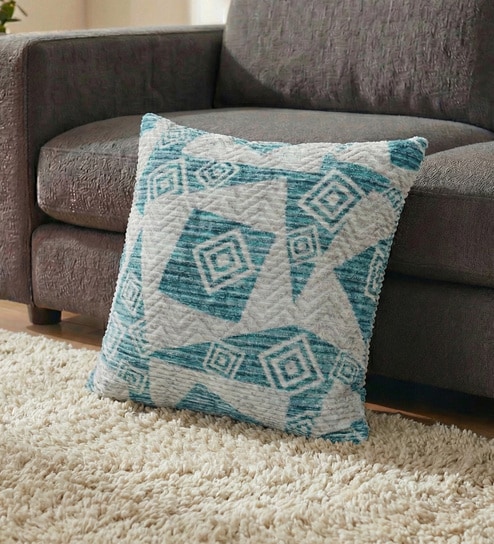 Teal Polyester Geometric 16x16 inches Cushion Cover
