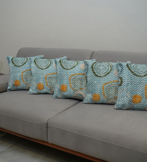 Teal Polyester Geometric 16x16 inches Cushion Covers Set of 5