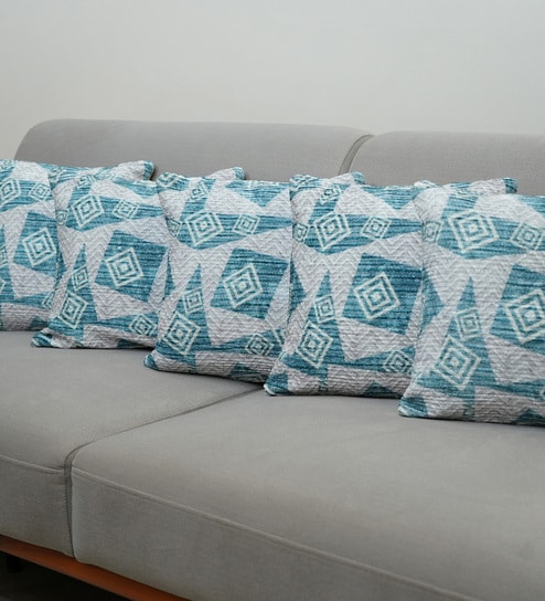 Teal Polyester Geometric 16x16 inches Cushion Covers Set of 5