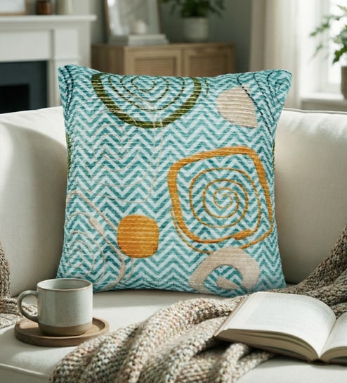 Teal Polyester Geometric 18x18 inches Cushion Cover