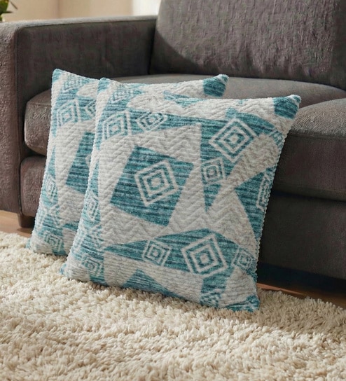 Teal Polyester Geometric 18x18 inches Cushion Covers Set of 2