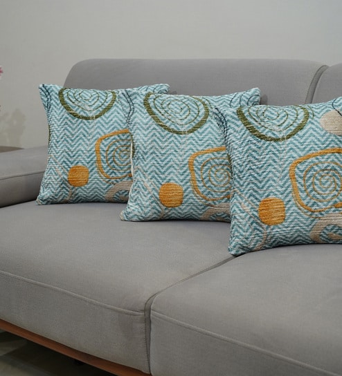 Teal Polyester Geometric 20x20 inches Cushion Covers Set of 3