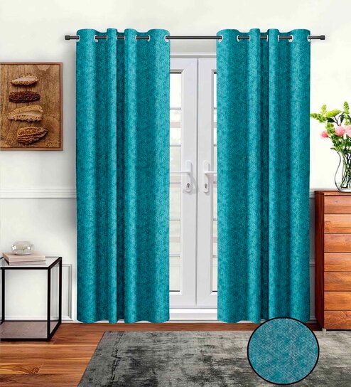 Teal Polyster Abstract 7ft Light Filtering Eyelet 2 Pc Door curtains