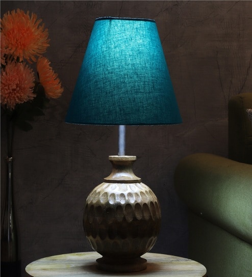 Faraday Teal Fabric Shade Night Lamp With Wood Base