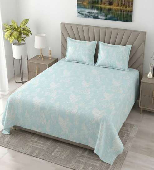 Teal Shadow Metro 186 TC Cotton King Bedsheet With 2 Pillow Covers