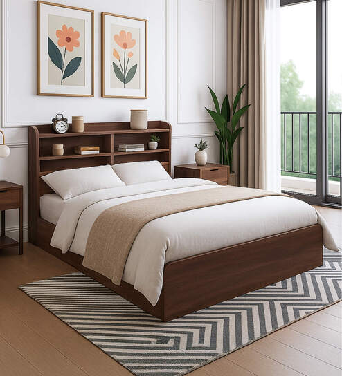 Teen Queen Sized Bed In Columbian Walnut Finish With Headboard & Box Storage