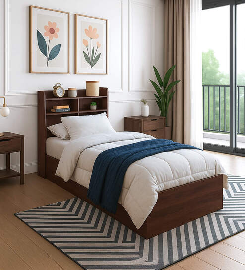 Teen Single Bed In Columbian Walnut Finish With Headboard  & Box Storage