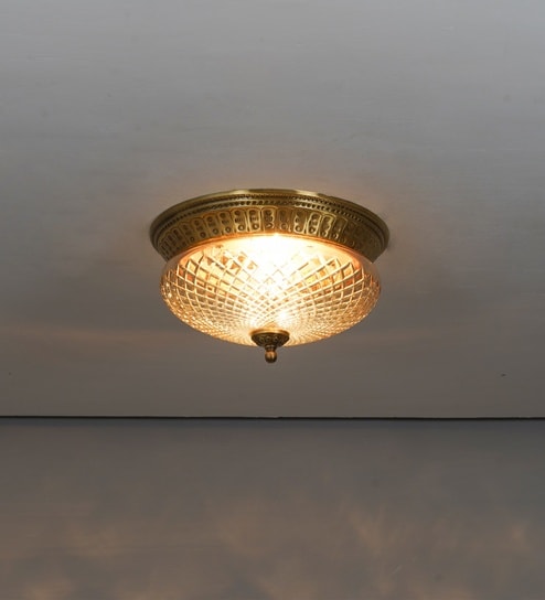 Telmor 2-Light Flush Mount Ceiling Light In Antique Brass Finish With Clear Star Diamond Cut Glass