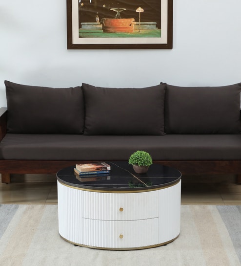 Teran Mango Wood Round Coffee Table In White Duco Paint Finish With Black Marble Top