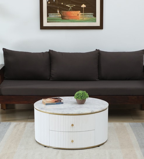 Teran Mango Wood Round Coffee Table In White Duco Paint Finish With White Marble Top