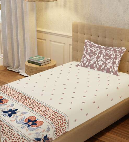 Terra Floral 200 TC Cotton Single Bedsheet with 1 Pillow Cover