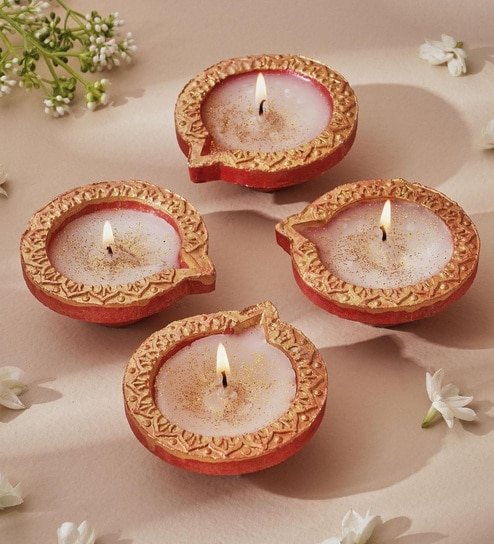 Terracotta Designer Scented Diya Candle Set Of 4 For Diwali Gifting