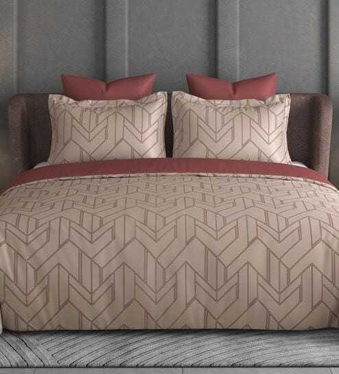 Terracotta Geometric 600TC Cotton Super King Sized Double Bedsheet with 2 Embroidery Pillow Covers