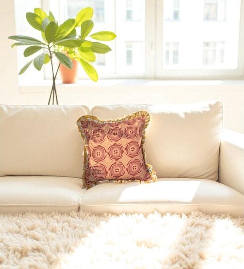 Brown Floral Cotton Ruffle 18x18 inches Cushion Cover