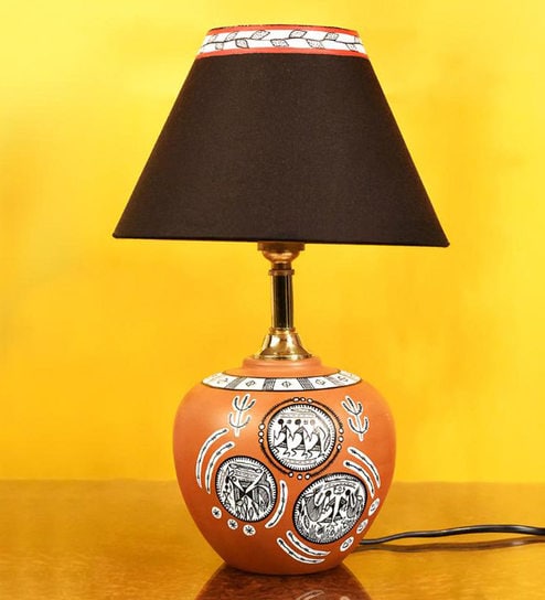Terracotta Warli Handpainted Matki Black Cotton Shade Table Lamp With Brown Base By Unravel India