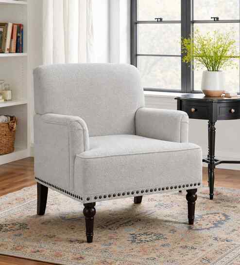 Terren Boucle Fabric Lounge Chair In White Colour