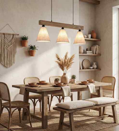 Terzo Beige & Brown Jute Shade with Solid Wood Linear Chandelier Cluster Hanging Light