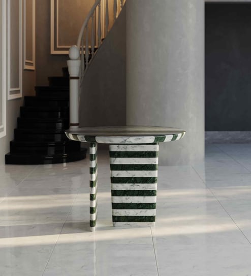 Tesselate Round Marble Inlay Console In Green & White Finish
