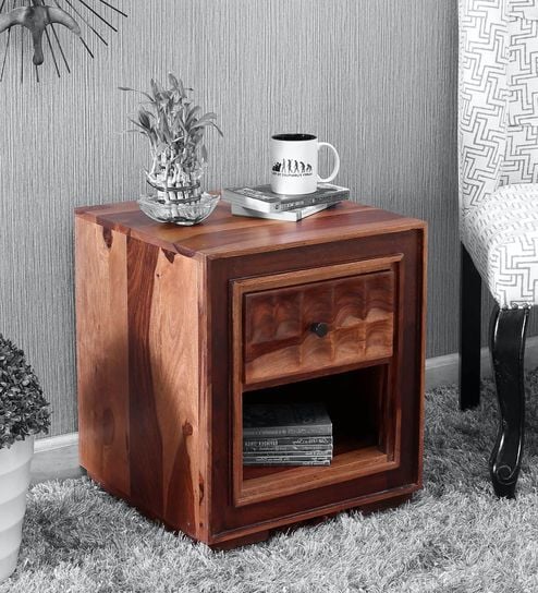 Buy Tesseract Solid Wood Night Stand In Warm Walnut Finish By Woodsworth Online Transitional Night Stands Tables Furniture Pepperfry Product