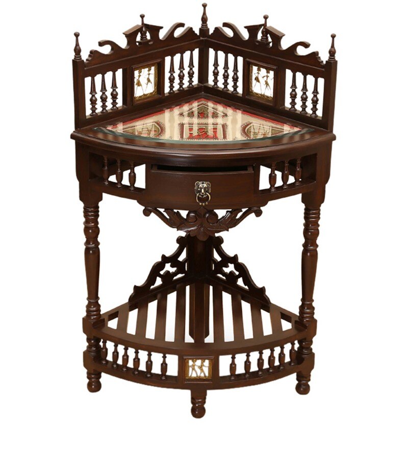 Buy Teak Wood Corner Table With Drawer Lower Shelf In Walnut Finish By Exclusivelane Online Indian Ethnic End Tables Tables Furniture Pepperfry Product