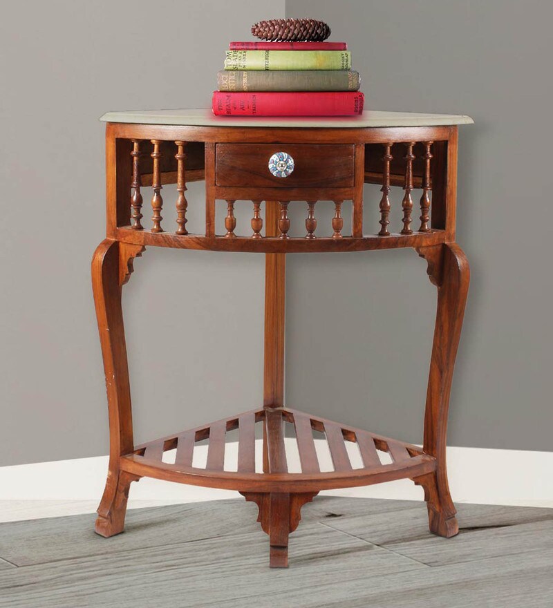 Buy Teak Wood Corner Table With Marble Top In Walnut Finish By Vareesha Online Indian Ethnic End Tables Tables Furniture Pepperfry Product