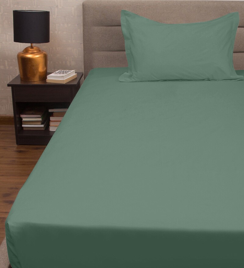 Buy Teal Solid 300 TC 100 Cotton Single Bed Sized Bed Sheets With 1