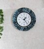 Teal Colour Round Solid Wood Bark Finish With Non Roman Numbers Wall Clock