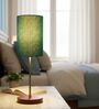 Teal Cylinder Fabric Shade Table Lamp, Brown Wooden Base Bedside & Desk Light for Bedroom, Living Room & Home Decor