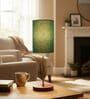 Teal Cylinder Fabric Shade Table Lamp, Brown Wooden Base Bedside & Desk Light for Bedroom, Living Room & Home Decor