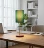 Teal Cylinder Fabric Shade Table Lamp, Brown Wooden Base Bedside & Desk Light for Bedroom, Living Room & Home Decor