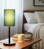 Teal Cylinder Fabric Shade Table Lamp, Minimalist Bedside Lamp with Metal Base for Bedroom, Living Room & Study