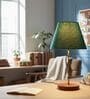 Teal Fabric Shade Table Lamp, Brown Wooden Base Bedside & Desk Light for Bedroom, Living Room & Home Decor