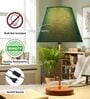 Teal Fabric Shade Table Lamp, Brown Wooden Base Bedside & Desk Light for Bedroom, Living Room & Home Decor