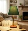Teal Fabric Shade Table Lamp, Brown Wooden Base Bedside & Desk Light for Bedroom, Living Room & Home Decor