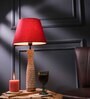 Textured E27 Holder Wooden Base Table Lamp (White Base) with Fabric Shade (Red)