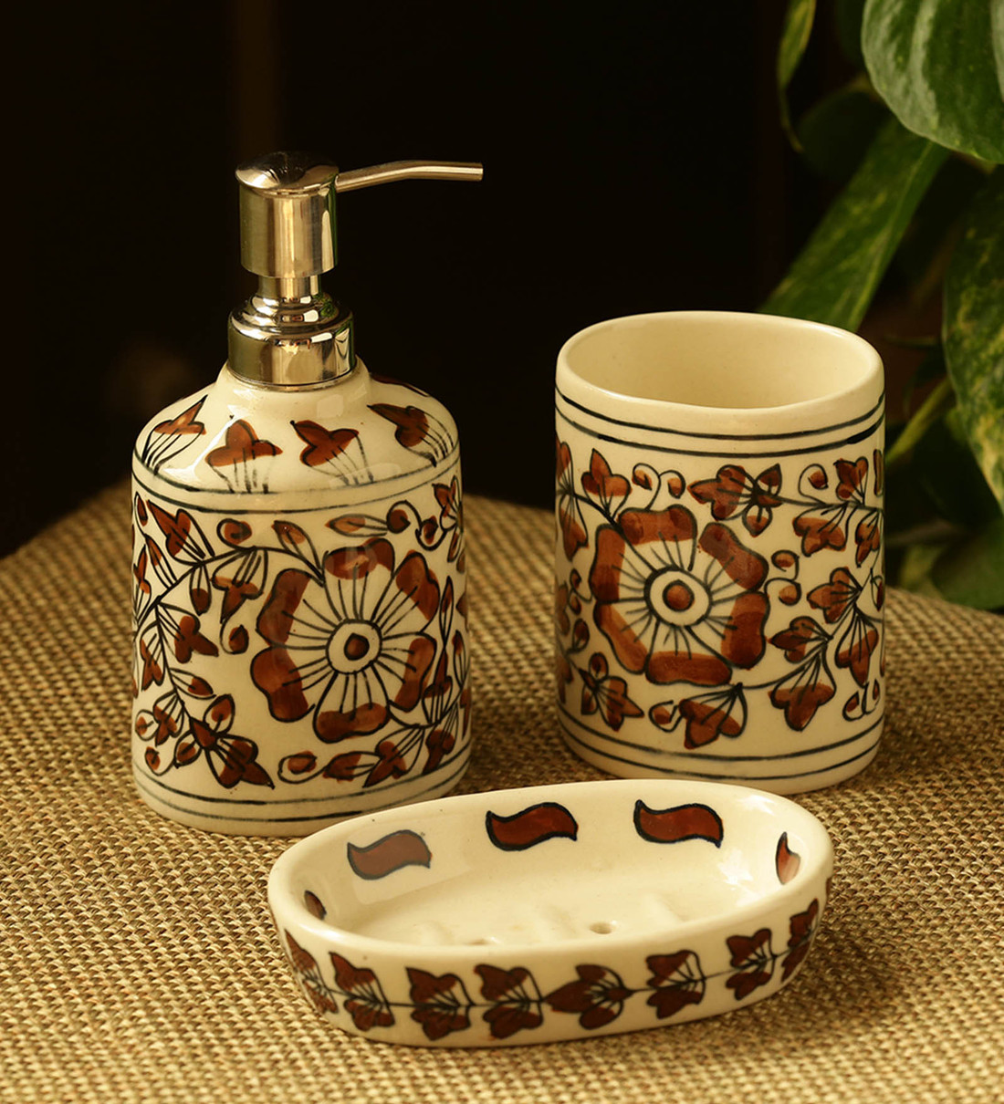 Buy The Autumn Blooms Mughal Hand Painted Rust Brown Ceramic Counter Top Bathroom Accessories Set Of 3 Online Accessory Sets Accessory Sets Discontinued Pepperfry Product