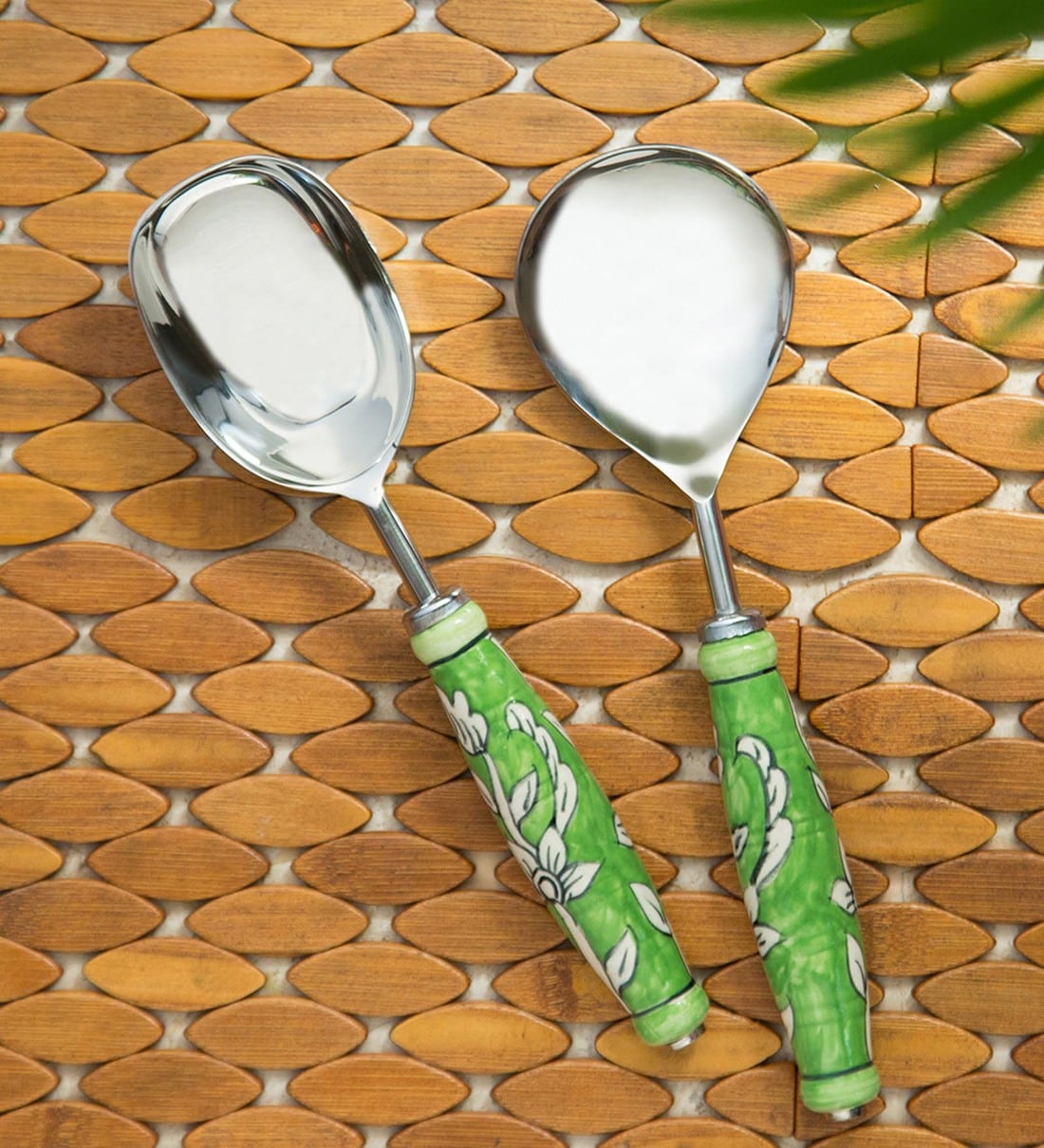 Buy The Mughal Zahri Green And White Stainless Steel Set Of 2 Serving Spoon With Ceramic Hande 2763