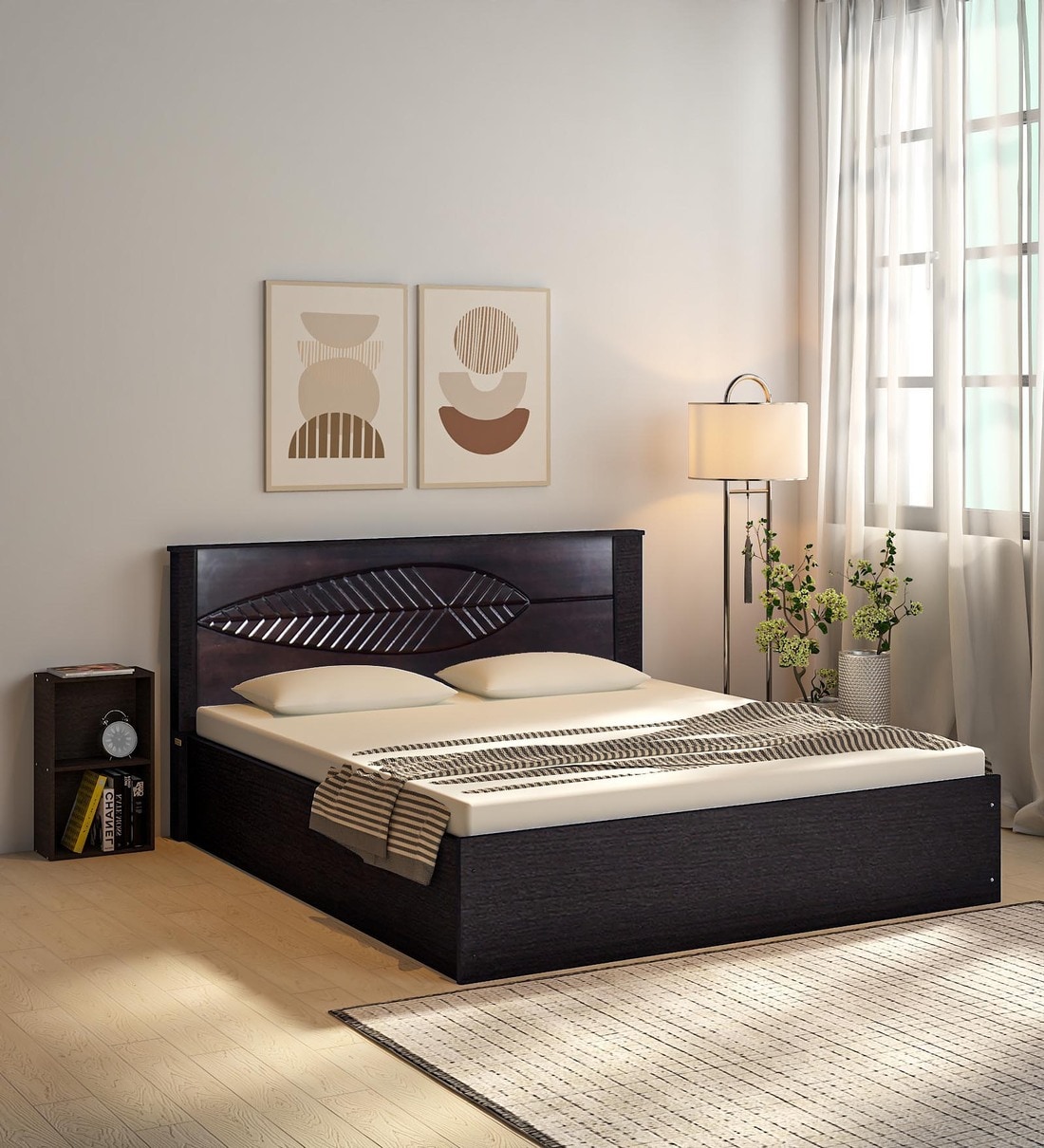 Buy Themis Solid Wood King Size Bed in Wenge Finish with Box Storage + One Bedside Table at 23