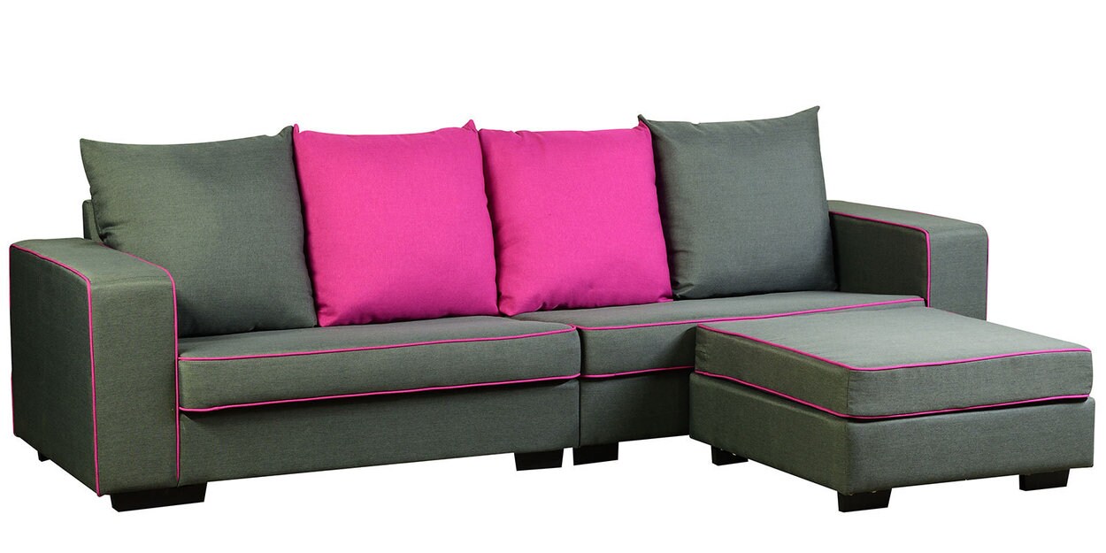 Buy 3 Seater Sofa With Pouffe In Grey & Magenta Colour By Dhep