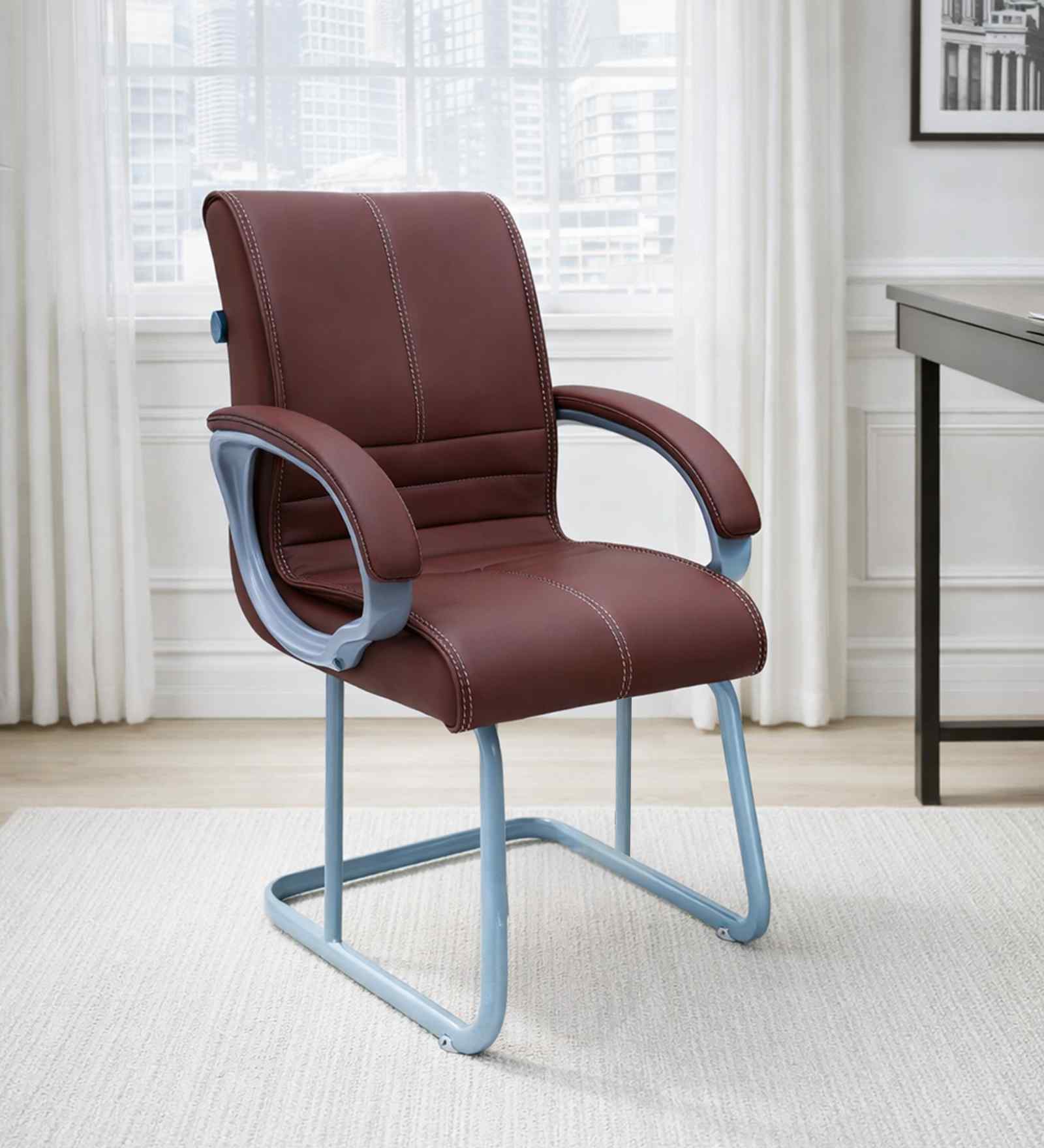 Thanos Leatherette Cantilever Chair In Brown Colour